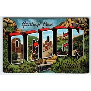 Greetings From Ogden Utah Large Big Letter Postcard Linen 1955 EC Kropp Vintage